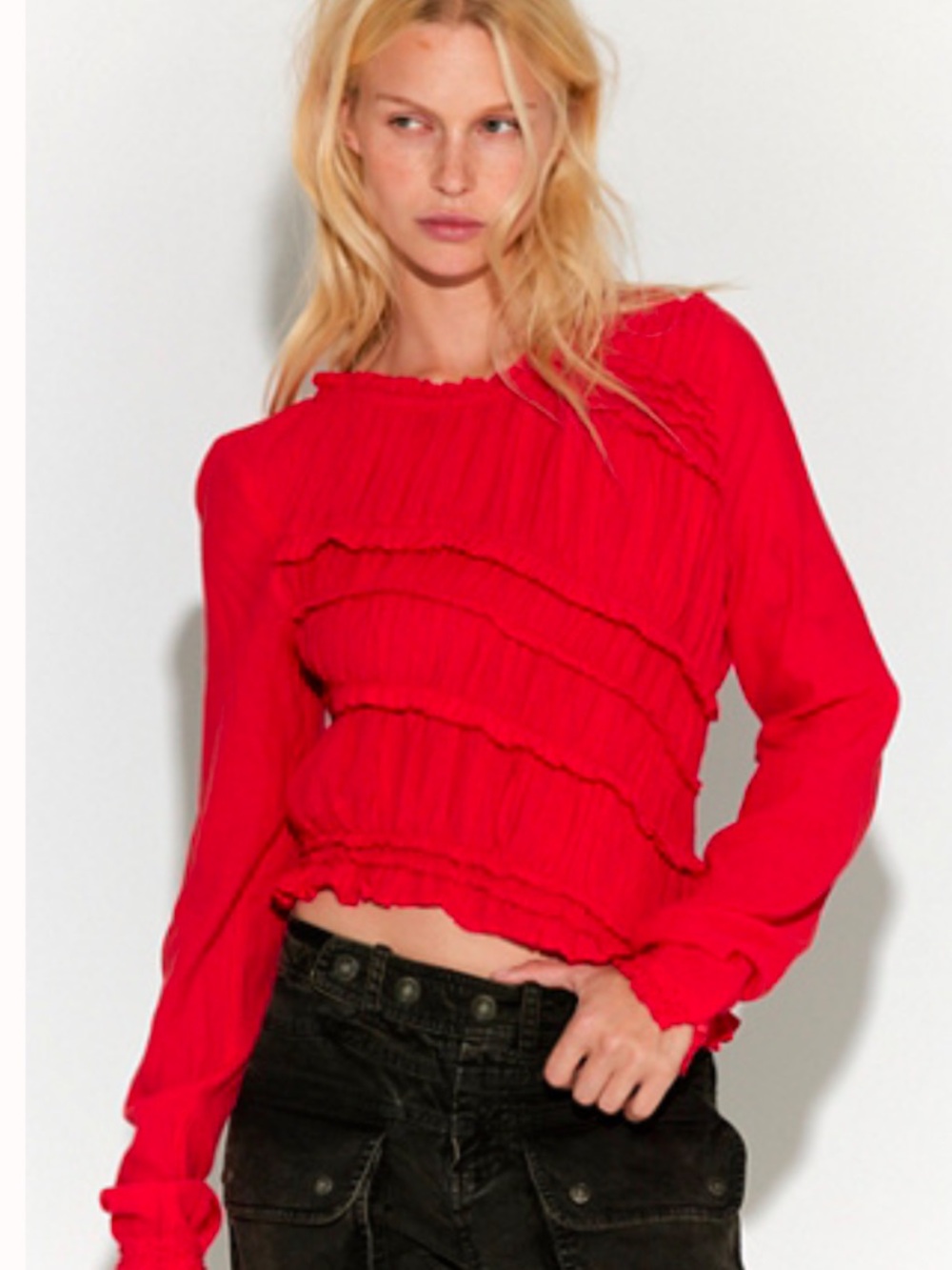 Free People Pink Sands Ruched Red Ruffle Long Sleeve Top
